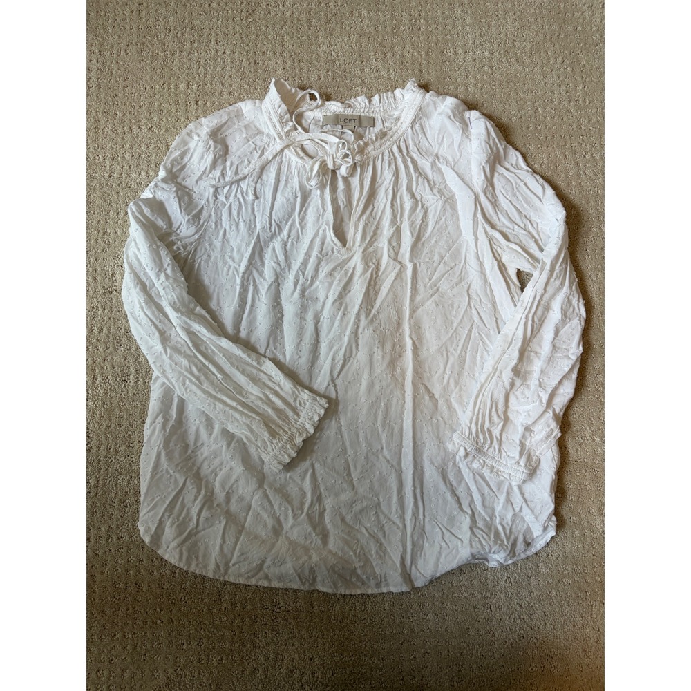 LOFT Blouse Womens Small White Excellent Swiss Dot Ruffle Tie Neck Long Sleeve